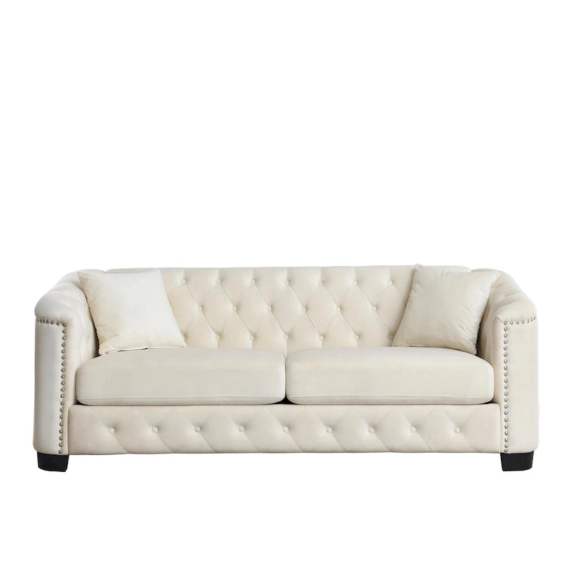 Canapé Chesterfield 3 places en velours capitonné de 195 cm avec clous décoratifs