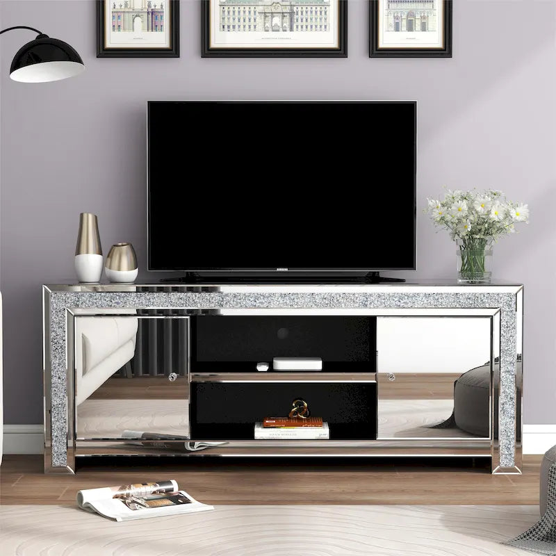 Meuble TV miroir de 150 cm avec détails en losanges concassés