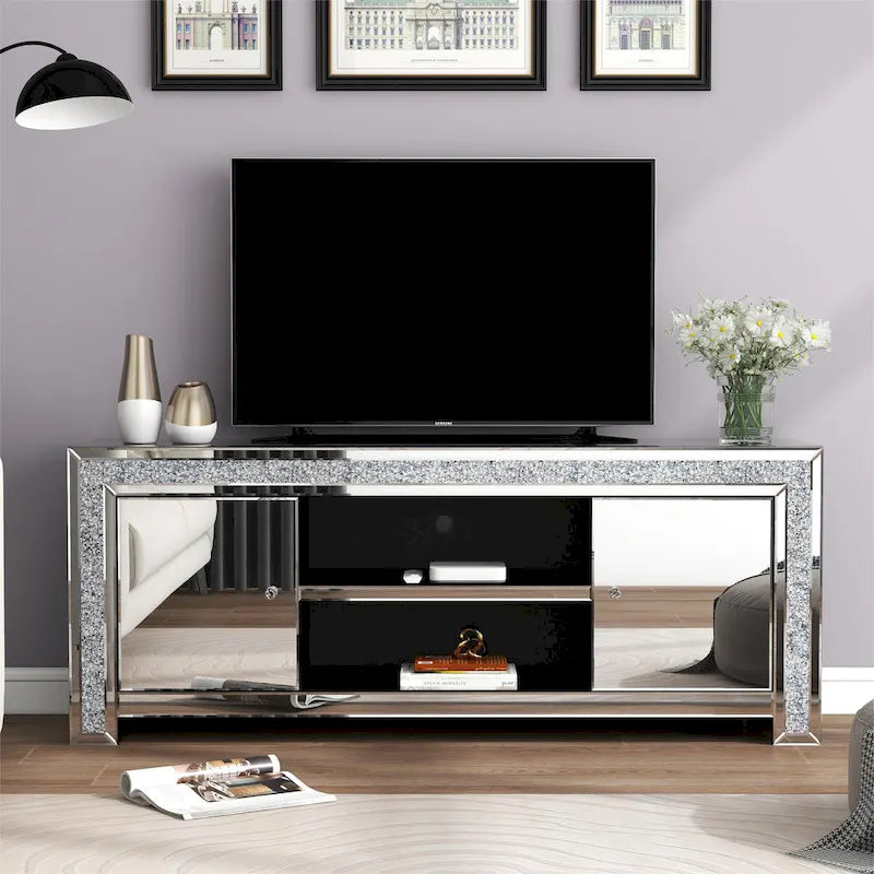 Meuble TV miroir de 150 cm avec détails en losanges concassés