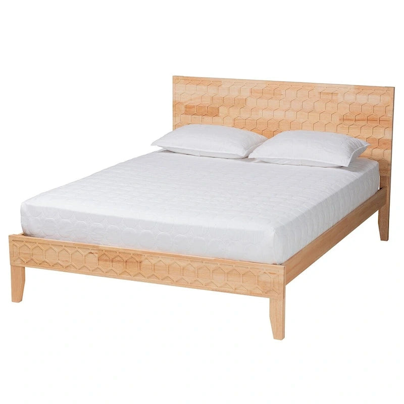 Lit plateforme sculpté en nid d'abeille – Bois naturel, taille Queen/King