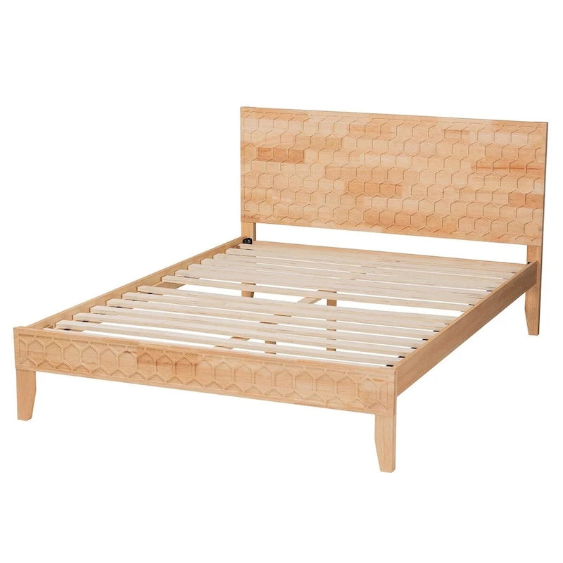 Lit plateforme sculpté en nid d'abeille – Bois naturel, taille Queen/King