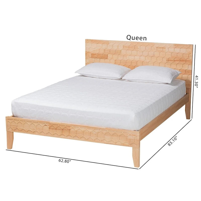 Lit plateforme sculpté en nid d'abeille – Bois naturel, taille Queen/King