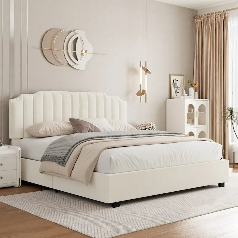 Lit de rangement Queen Size avec tête de lit rembourrée