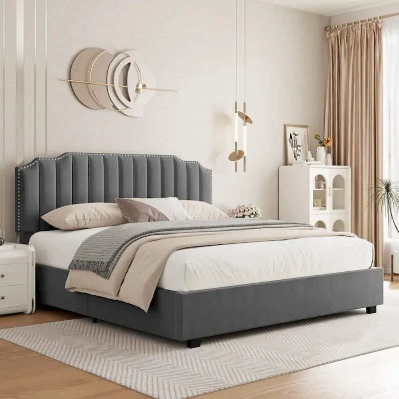 Lit de rangement Queen Size avec tête de lit rembourrée