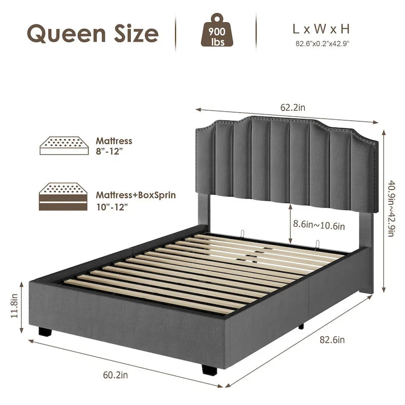 Lit de rangement Queen Size avec tête de lit rembourrée