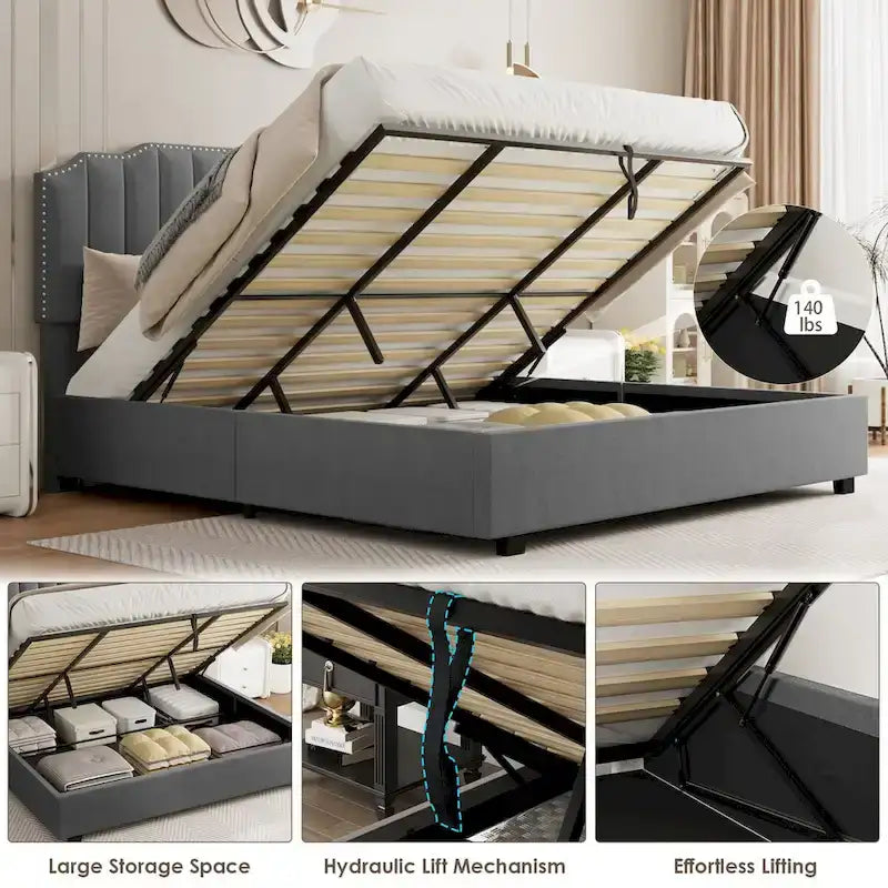 Lit de rangement Queen Size avec tête de lit rembourrée