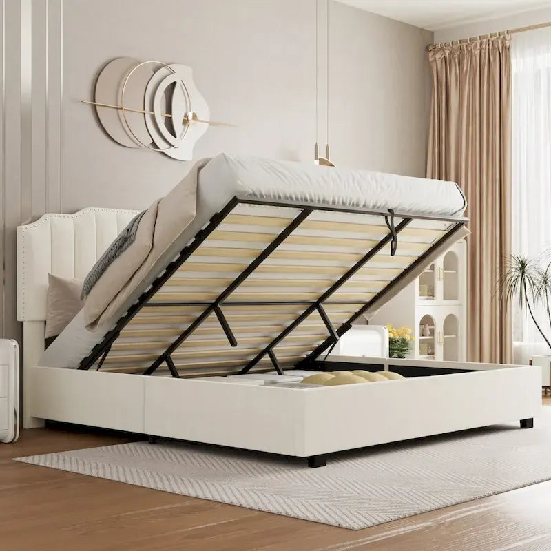 Lit de rangement Queen Size avec tête de lit rembourrée