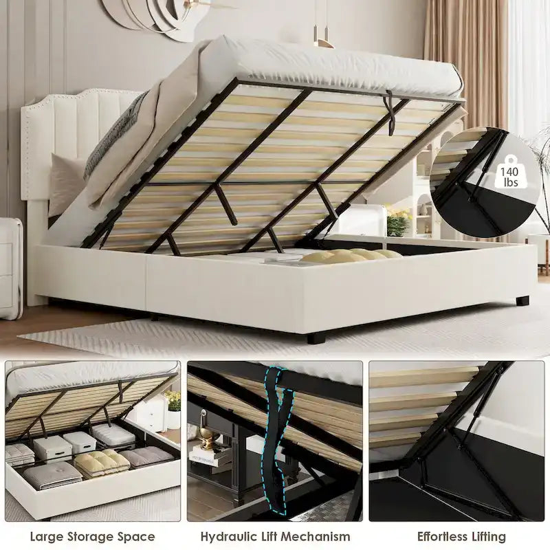 Lit de rangement Queen Size avec tête de lit rembourrée