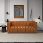 Canapé en cuir véritable cognac à dossier tendu style Mid-century moderne