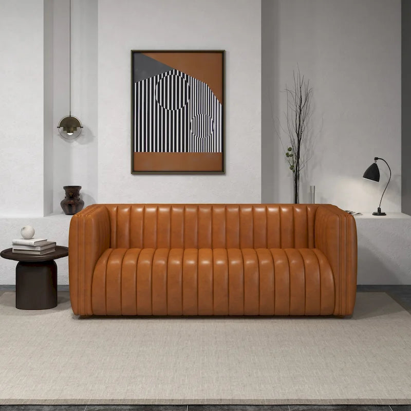 Canapé en cuir véritable cognac à dossier tendu style Mid-century moderne