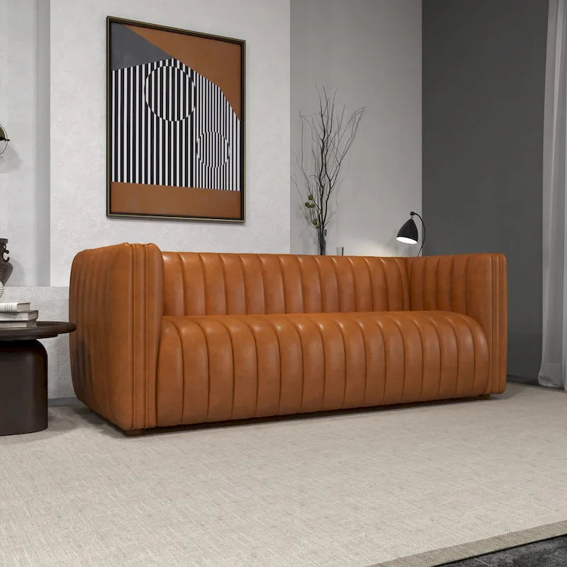 Canapé en cuir véritable cognac à dossier tendu style Mid-century moderne