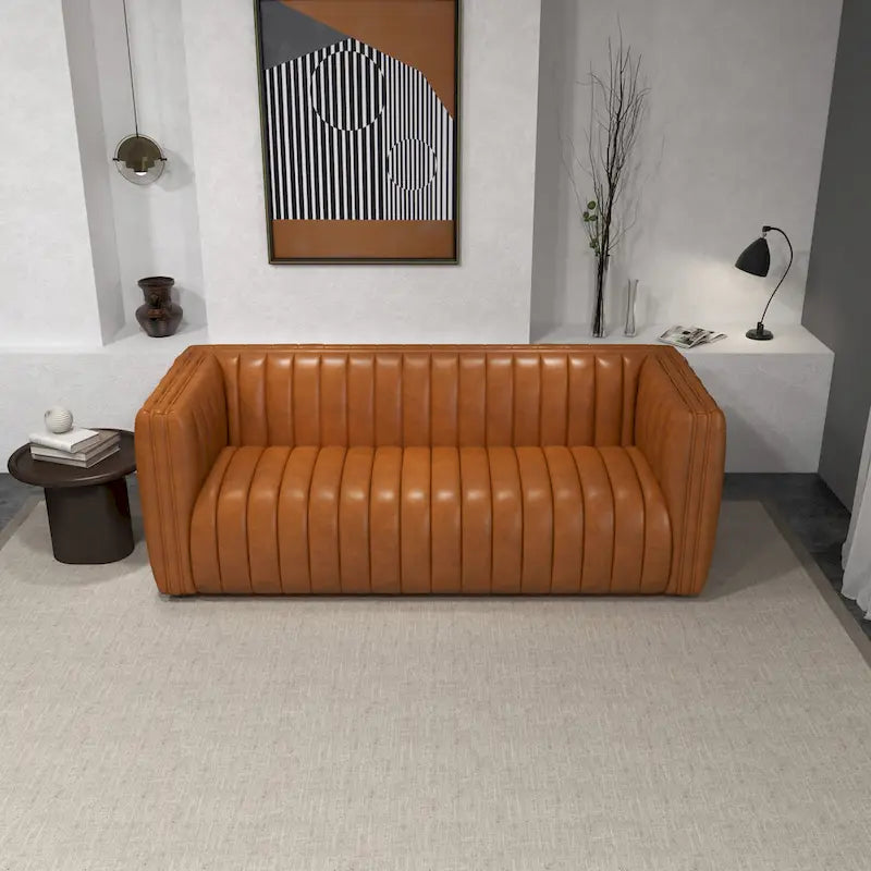 Canapé en cuir véritable cognac à dossier tendu style Mid-century moderne