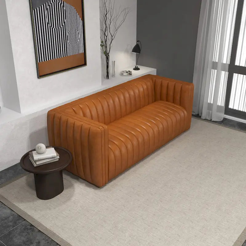 Canapé en cuir véritable cognac à dossier tendu style Mid-century moderne