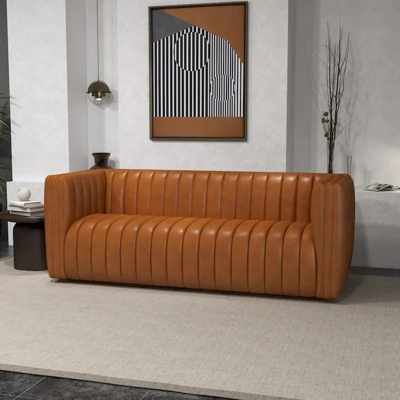 Canapé en cuir véritable cognac à dossier tendu style Mid-century moderne