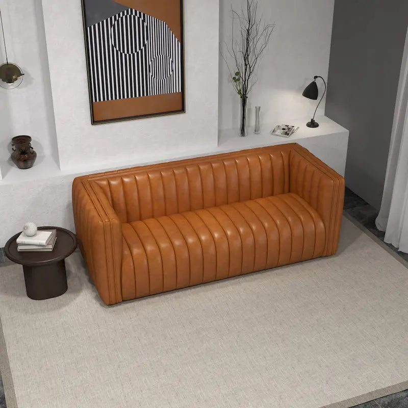 Canapé en cuir véritable cognac à dossier tendu style Mid-century moderne