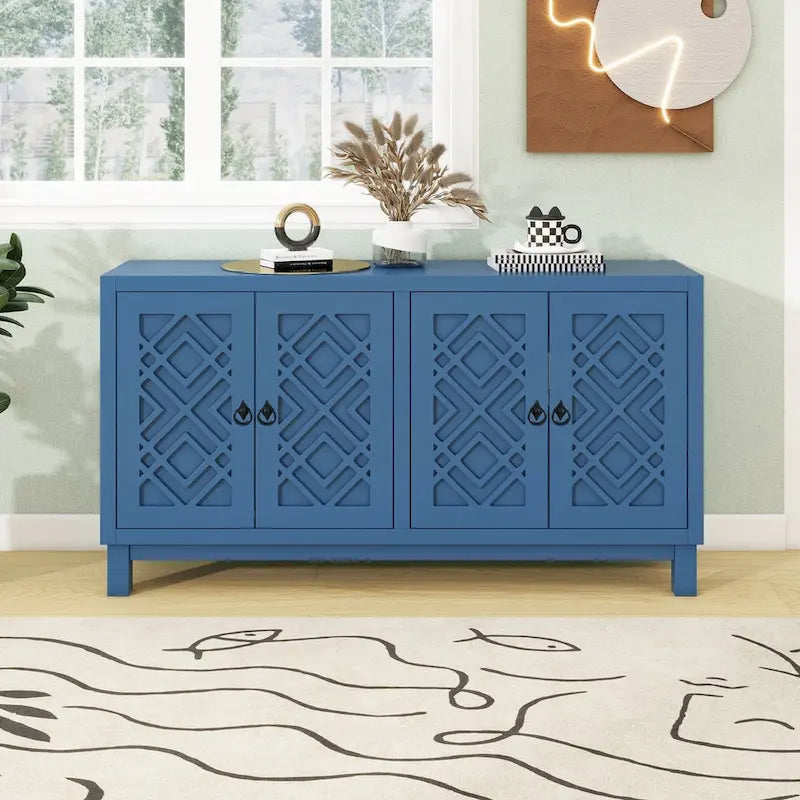 Meuble Buffet 4 Portes avec Motifs Losanges et Poignées Anneaux