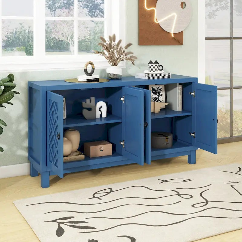 Meuble Buffet 4 Portes avec Motifs Losanges et Poignées Anneaux