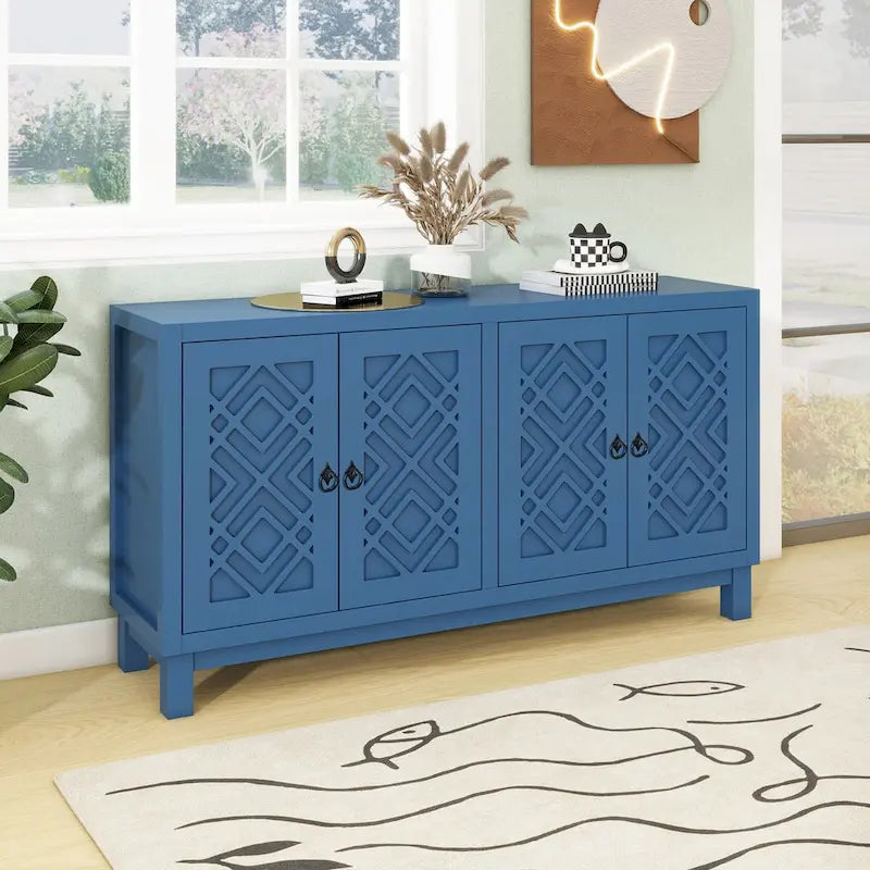 Meuble Buffet 4 Portes avec Motifs Losanges et Poignées Anneaux