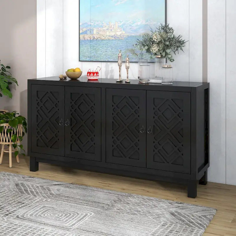 Meuble Buffet 4 Portes avec Motifs Losanges et Poignées Anneaux