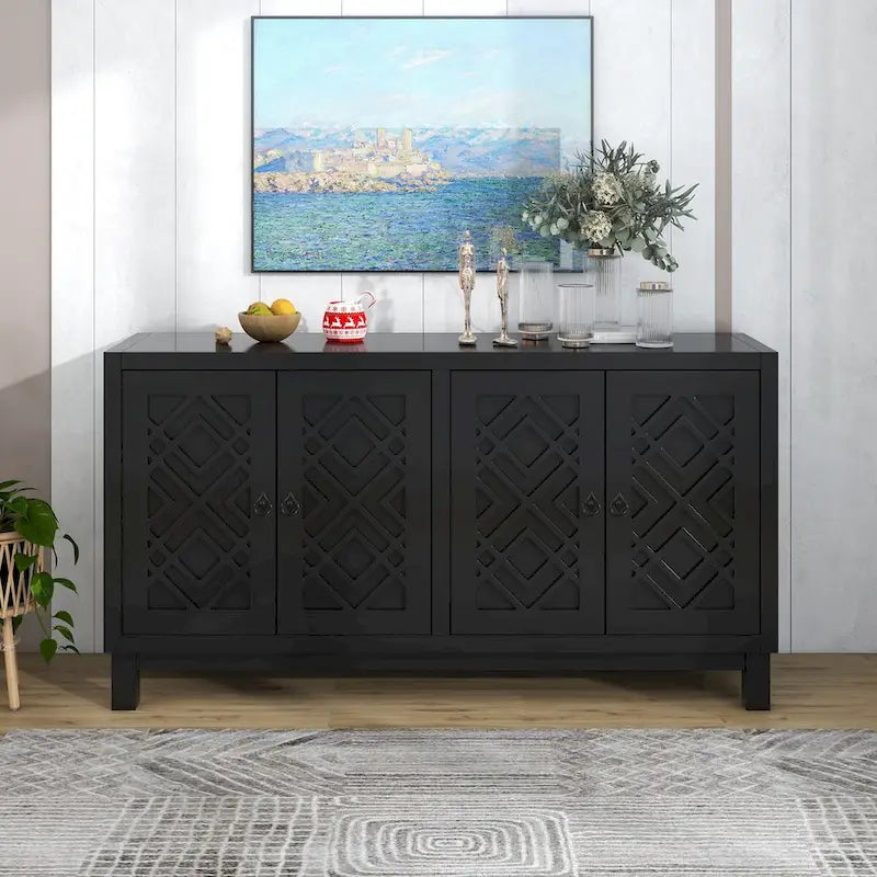 Meuble Buffet 4 Portes avec Motifs Losanges et Poignées Anneaux