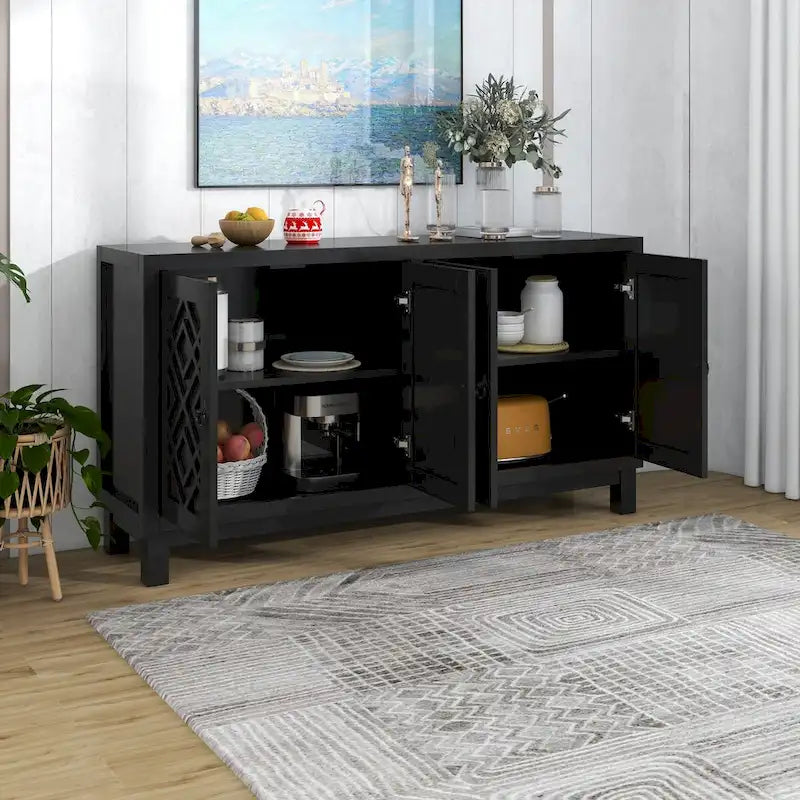 Meuble Buffet 4 Portes avec Motifs Losanges et Poignées Anneaux