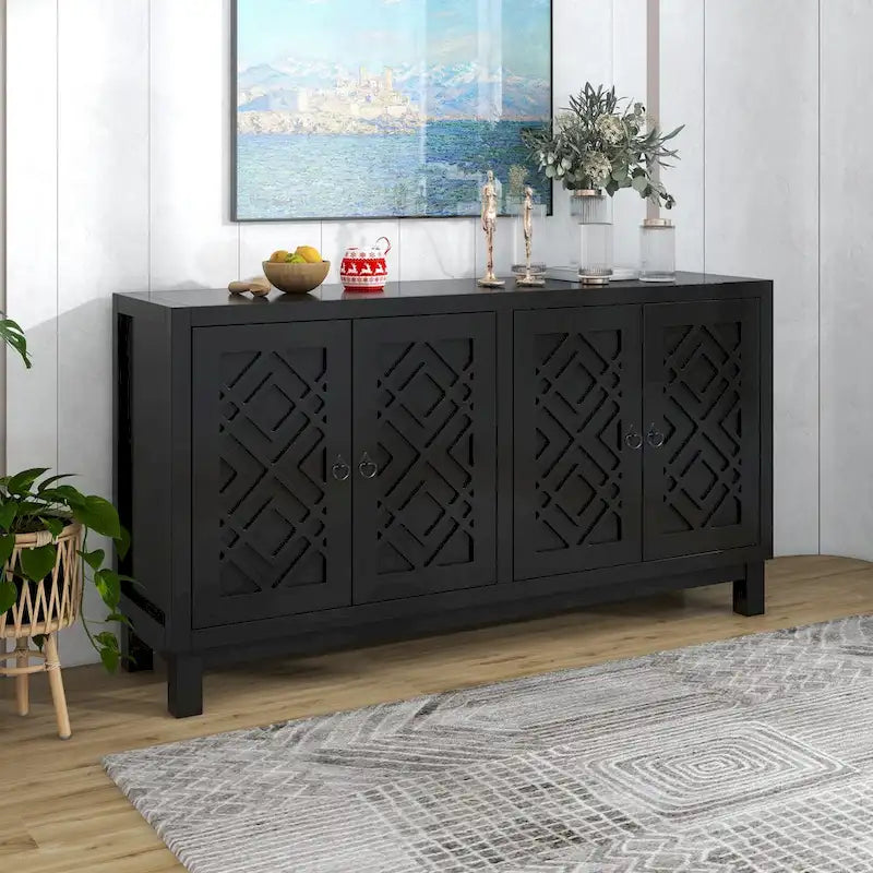 Meuble Buffet 4 Portes avec Motifs Losanges et Poignées Anneaux