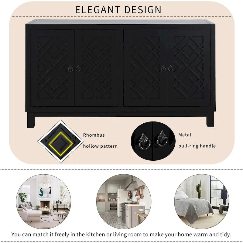 Meuble Buffet 4 Portes avec Motifs Losanges et Poignées Anneaux