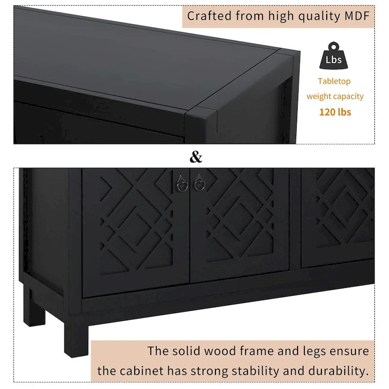 Meuble Buffet 4 Portes avec Motifs Losanges et Poignées Anneaux