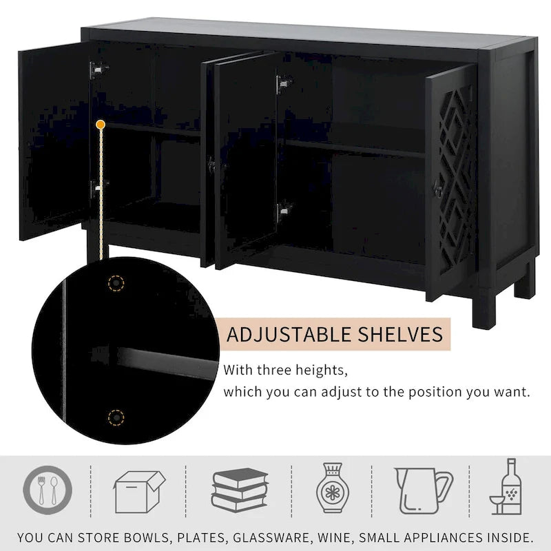 Meuble Buffet 4 Portes avec Motifs Losanges et Poignées Anneaux