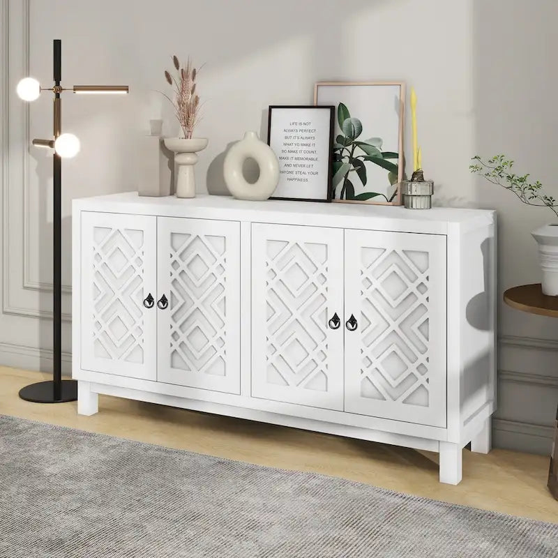 Meuble Buffet 4 Portes avec Motifs Losanges et Poignées Anneaux