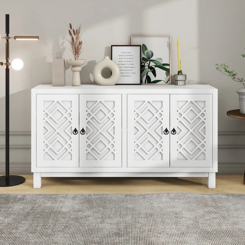 Meuble Buffet 4 Portes avec Motifs Losanges et Poignées Anneaux