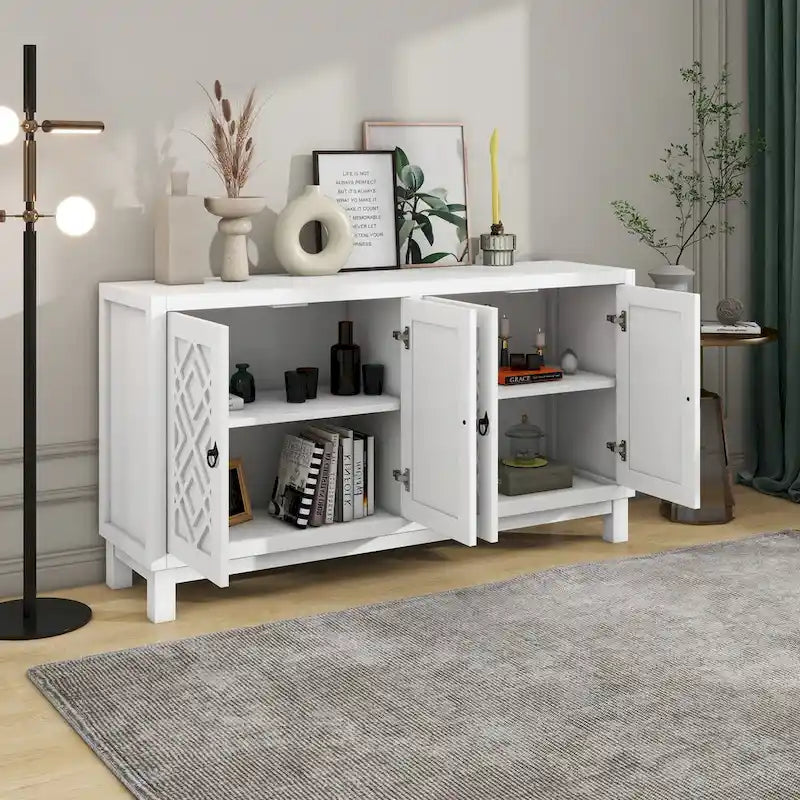 Meuble Buffet 4 Portes avec Motifs Losanges et Poignées Anneaux