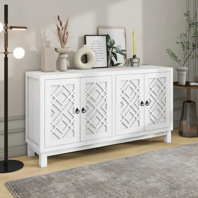 Meuble Buffet 4 Portes avec Motifs Losanges et Poignées Anneaux