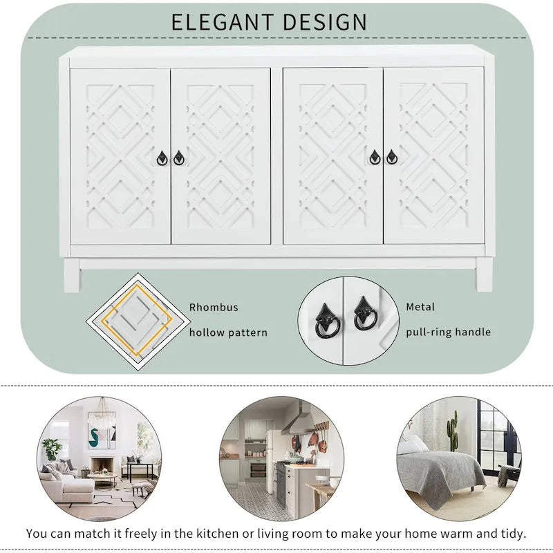 Meuble Buffet 4 Portes avec Motifs Losanges et Poignées Anneaux