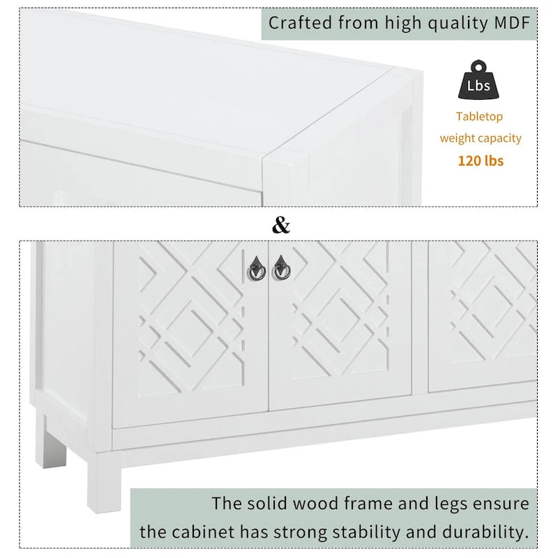 Meuble Buffet 4 Portes avec Motifs Losanges et Poignées Anneaux