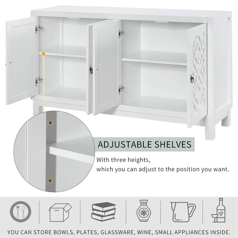 Meuble Buffet 4 Portes avec Motifs Losanges et Poignées Anneaux