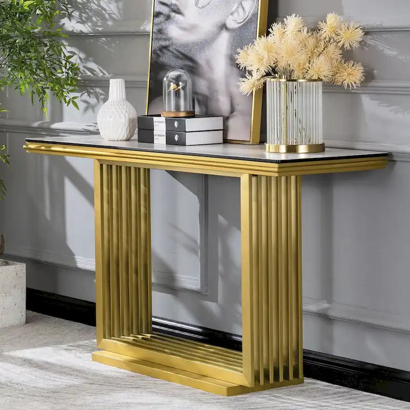 Console rectangulaire de 152 cm avec plateau en verre et pieds en métal