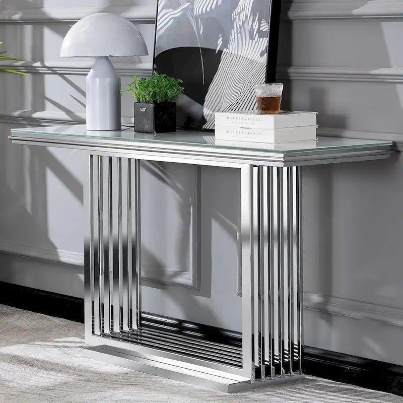 Console rectangulaire de 152 cm avec plateau en verre et pieds en métal