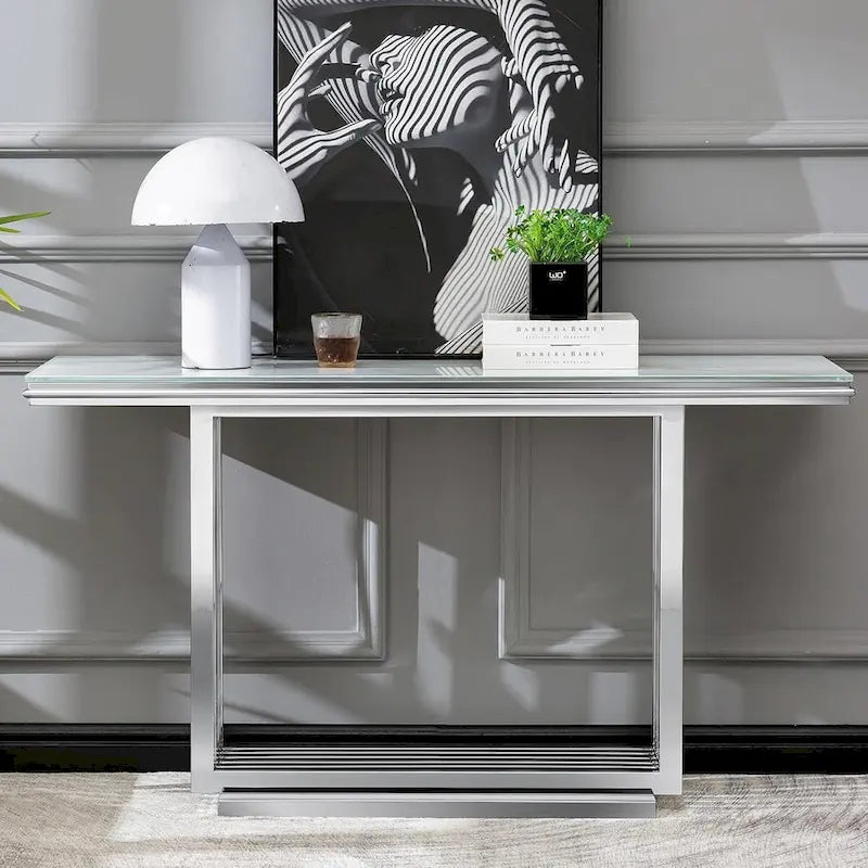Console rectangulaire de 152 cm avec plateau en verre et pieds en métal