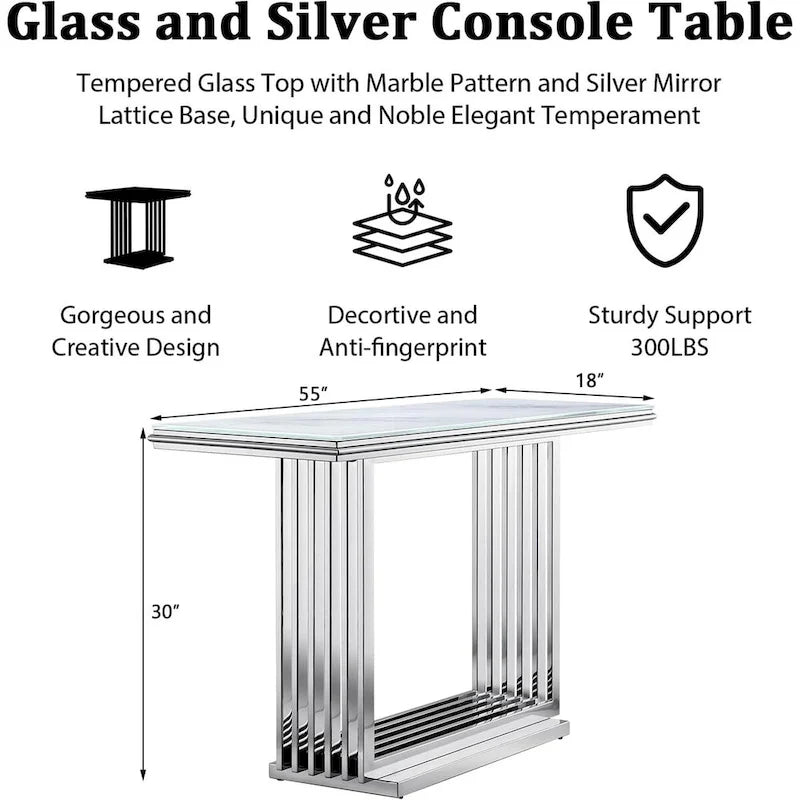Console rectangulaire de 152 cm avec plateau en verre et pieds en métal