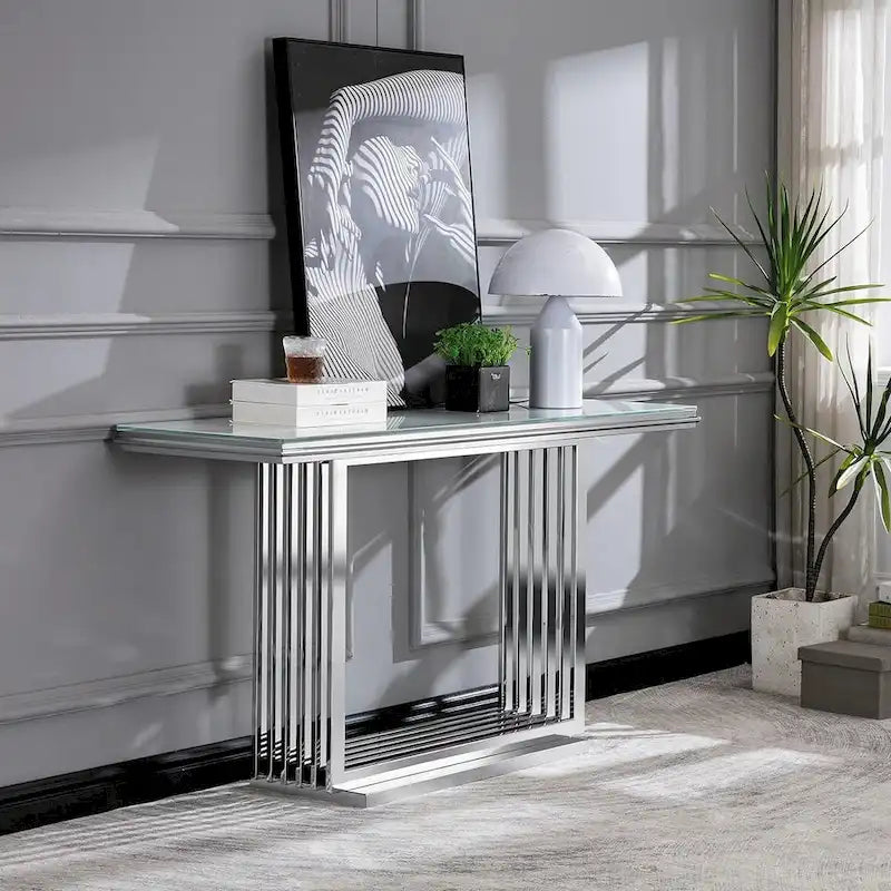 Console rectangulaire de 152 cm avec plateau en verre et pieds en métal
