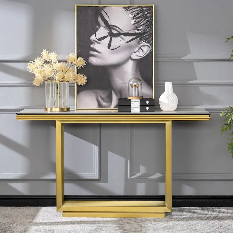 Console rectangulaire de 152 cm avec plateau en verre et pieds en métal