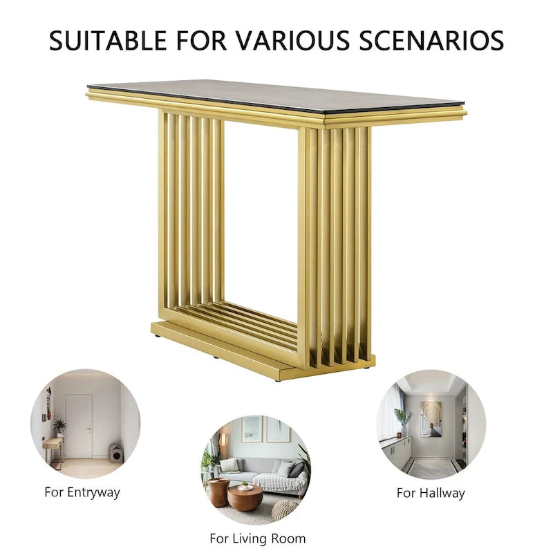 Console rectangulaire de 152 cm avec plateau en verre et pieds en métal