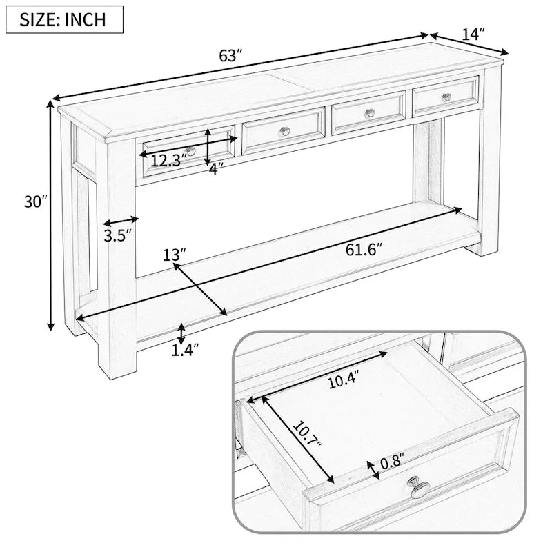 Console avec 4 tiroirs et une étagère inférieure