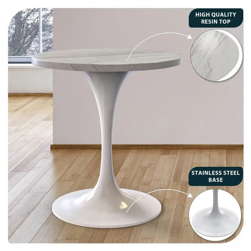 Table à manger ronde avec plateau en résine blanche et pied central en acier blanc