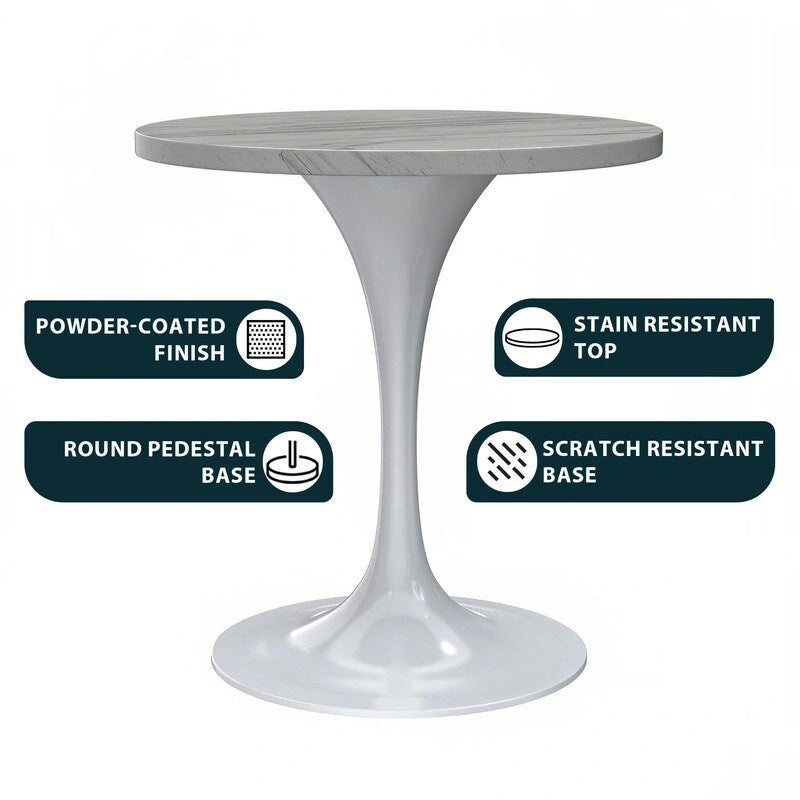 Table à manger ronde avec plateau en résine blanche et pied central en acier blanc