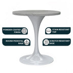 Table à manger ronde avec plateau en résine blanche et pied central en acier blanc