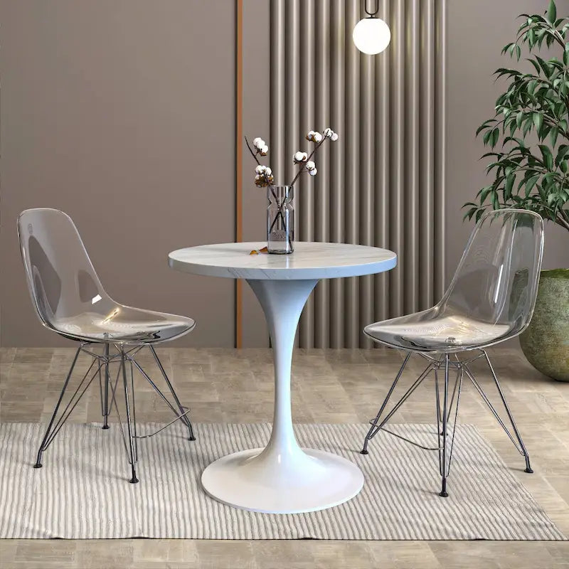 Table à manger ronde avec plateau en résine blanche et pied central en acier blanc