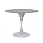 Table à manger ronde avec plateau en résine blanche et pied central en acier blanc