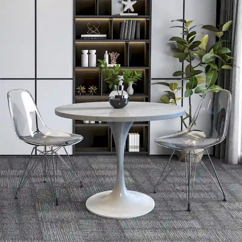 Table à manger ronde avec plateau en résine blanche et pied central en acier blanc